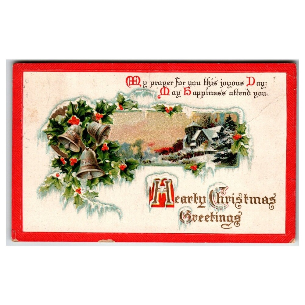 Vintage Christmas Postcard Embossed Bells Holly Winter Scene Saxony 1900s Posted